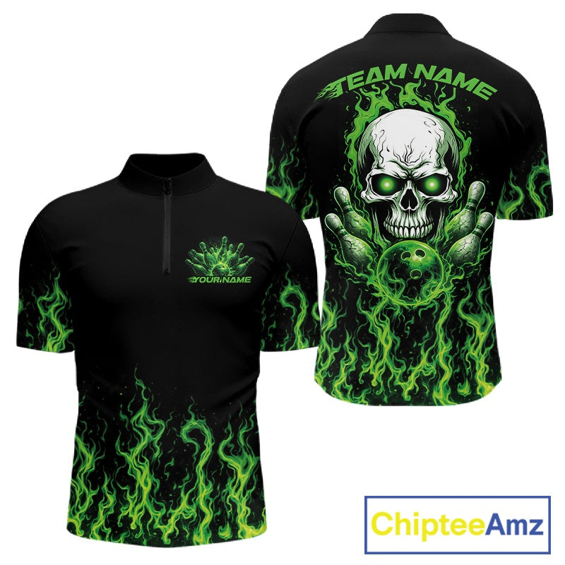 Custom Green Flame Skull Bowling Team Shirts For Men, Halloween Bowling Jerseys IPHW10552