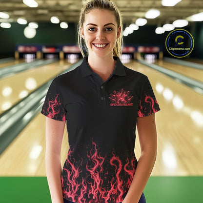 Custom Red Flame Skull Bowling Team Shirts For Women, Halloween Bowling Jerseys IPHW10553