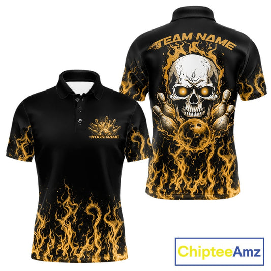 Custom Yellow Flame Skull Bowling Team Shirts For Men, Halloween Bowling Jerseys IPHW10554