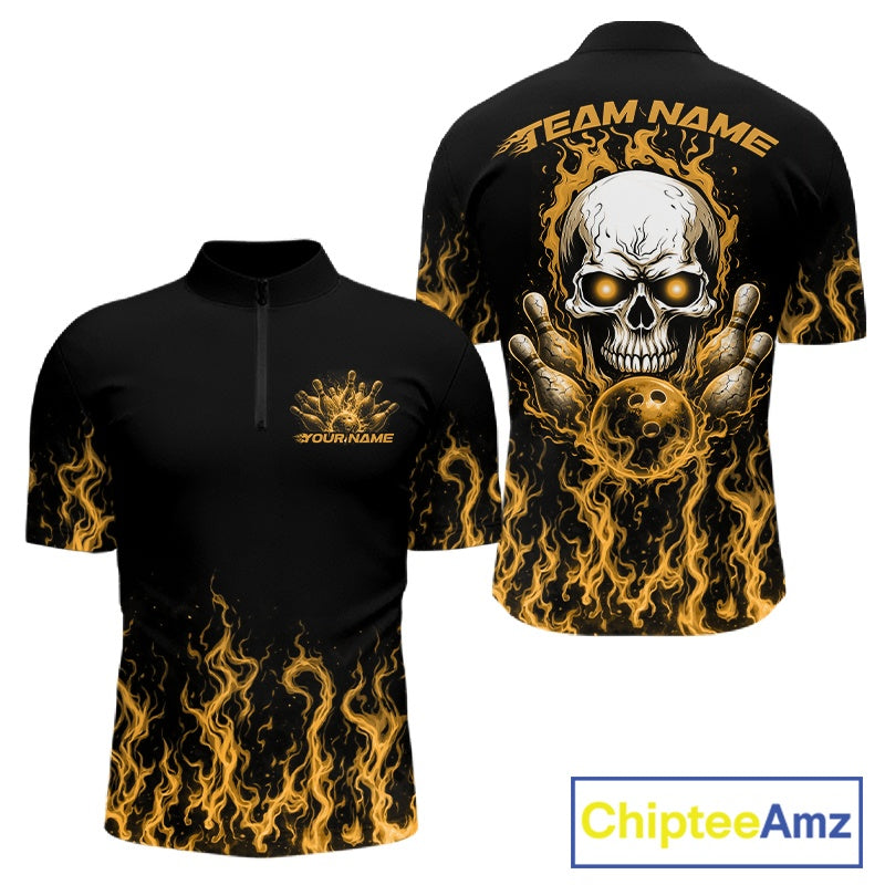 Custom Yellow Flame Skull Bowling Team Shirts For Men, Halloween Bowling Jerseys IPHW10554