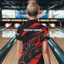 Load image into Gallery viewer, Custom Black And Red Flame Women Bowling Polo Shirts, Fire Bowling Ball Bowling Team Shirt IPHW8697