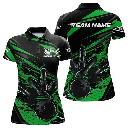 Custom Black And Green Flame Women Bowling Polo Shirt, Fire Bowling Ball Bowling Team Shirt IPHW8699