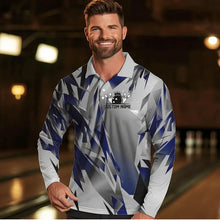 Load image into Gallery viewer, Blue And Gray Custom Men Bowling Team Long Sleeve Polo Shirts, Bowling Tournament Jerseys For Bowlers IPHW6188