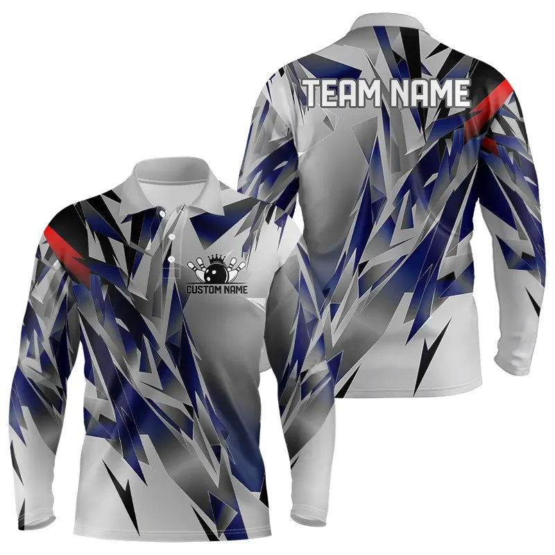 Blue And Gray Custom Men Bowling Team Long Sleeve Polo Shirts, Bowling Tournament Jerseys For Bowlers IPHW6188
