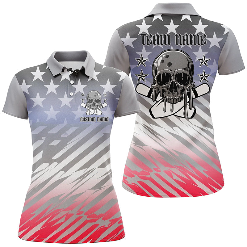 Custom American Flag Skull Bowling Shirts For Women, Patriotic Team Bowling Jerseys IPHW6193