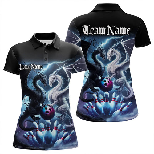 Custom Blue Lightning Black And White Dragons Bowling Polo Shirts For Women Bowlers Outfit IPHW8957
