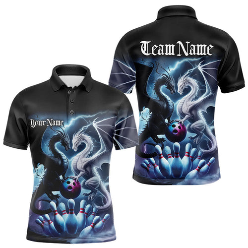 Custom Blue Lightning Black And White Dragons Bowling Polo Shirts For Men Bowlers Outfit IPHW8957