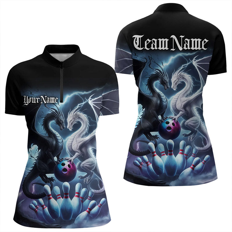 Custom Blue Lightning Black And White Dragons Bowling Women Quarter-Zip Shirt Bowler Outfit IPHW8957