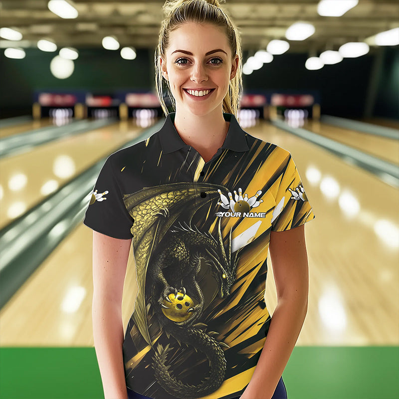 Black And Yellow Custom Dragon Bowling Team Polo Shirts For Women, Bowling League Shirt IPHW8967