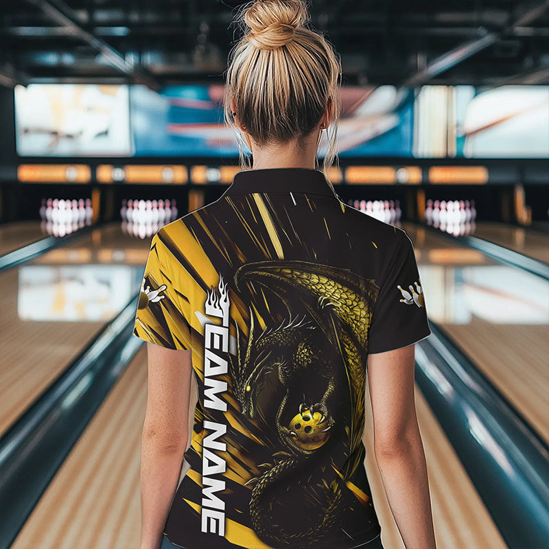 Black And Yellow Custom Dragon Bowling Team Polo Shirts For Women, Bowling League Shirt IPHW8967