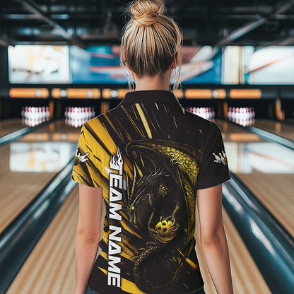 Black And Yellow Custom Dragon Bowling Team Polo Shirts For Women, Bowling League Shirt IPHW8967
