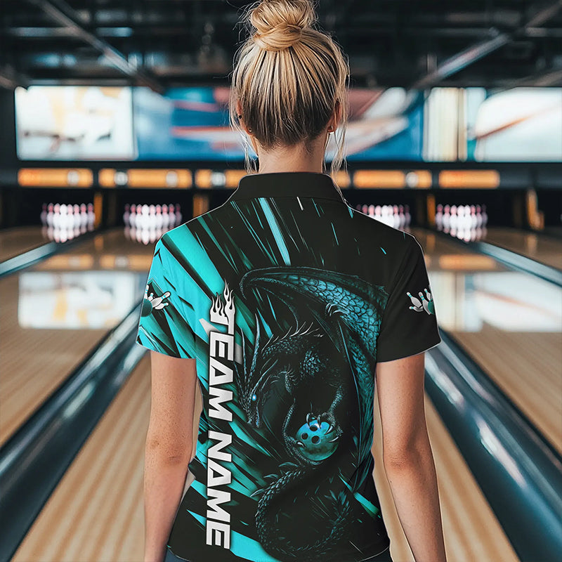 Black And Blue Custom Dragon Bowling Team Polo Shirts For Women, Bowling League Shirt IPHW8968