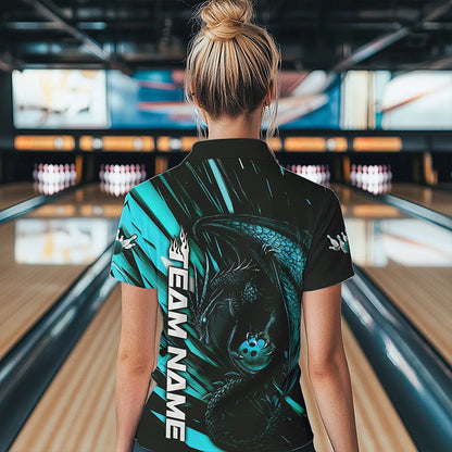 Black And Blue Custom Dragon Bowling Team Polo Shirts For Women, Bowling League Shirt IPHW8968