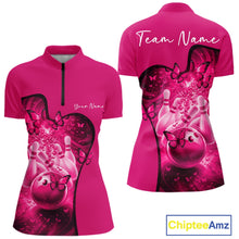 Load image into Gallery viewer, Front and back mockup of a womens pink bowling quarter zip featuring butterfly graphics and bowling-inspired artwork