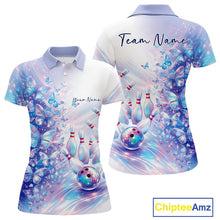 Load image into Gallery viewer, Front and back mockup of a womens polo shirt with pastel purple and pink holographic butterflies and colorful bowling graphics