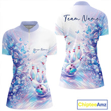 Load image into Gallery viewer, Womens bowling quarter zip mockup shown front and back with pastel holographic butterfly artwork and bowling-themed graphics
