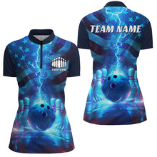Load image into Gallery viewer, Custom American Flag Bowling Team Jersey, Patriotic Blue Lightning Bowling Tournament Shirt IPHW6676