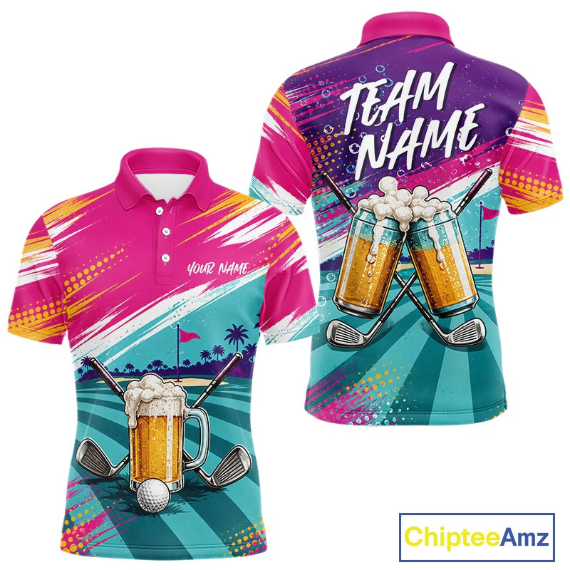 Custom Colorful Golf And Beer Men Polo Shirts, Golf Team Apparel IPHW11670