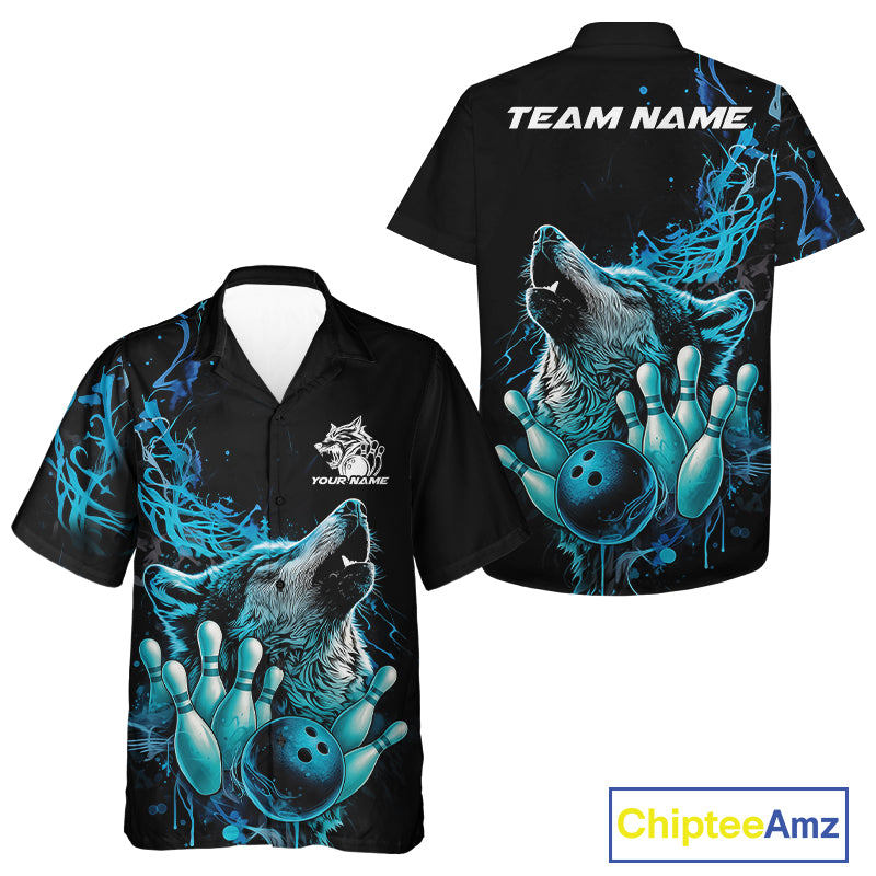 Custom Blue Wolf Howling Men And Women Hawaiian Shirt, Wolf Bowling Team Jerseys IPHW10158