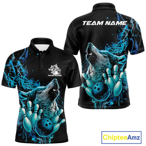 Custom Blue Wolf Howling Men Polo Shirt, Wolf Bowling Team Jerseys IPHW10158