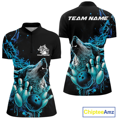 Custom Blue Wolf Howling Women Quarter-Zip Shirt, Wolf Bowling Team Jerseys IPHW10158