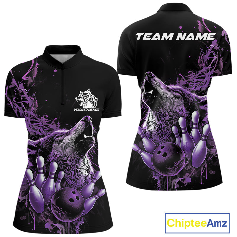 Custom Purple Wolf Howling Women Quarter-Zip Shirt, Wolf Bowling Team Jerseys IPHW10159