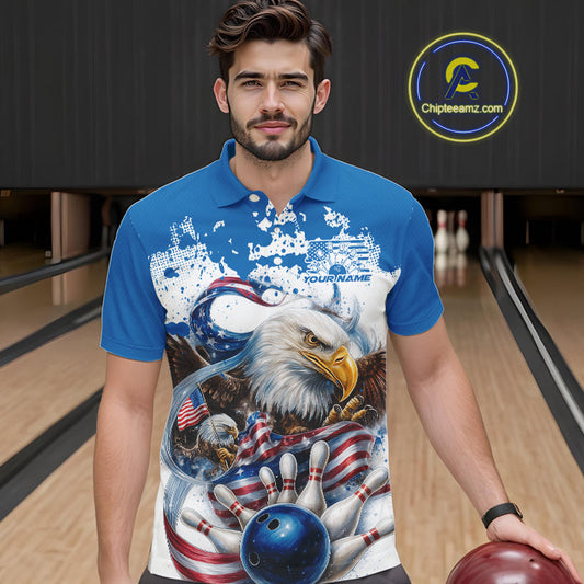 Custom Patriotic US Flag Eagle Bowling Men Shirt, USA Bowling Team League Shirt IPHW10164