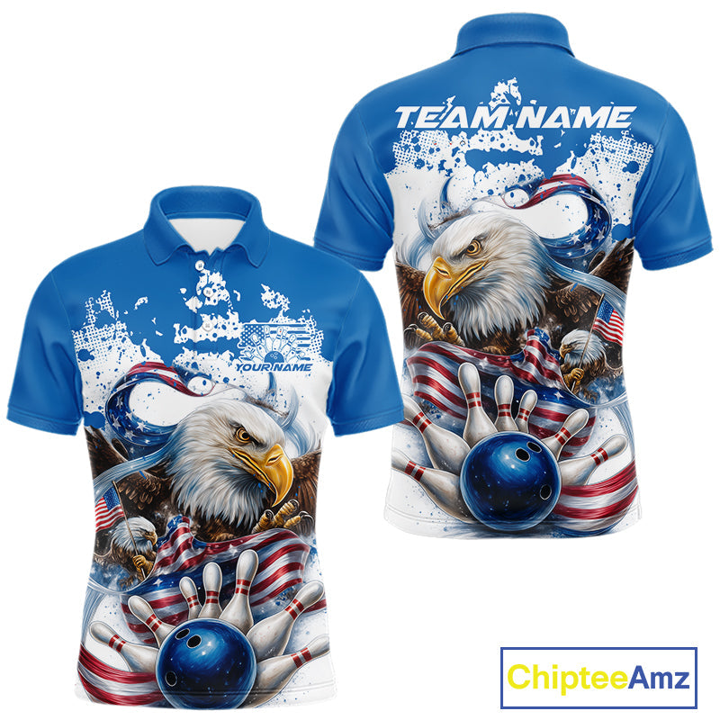 Custom Patriotic US Flag Eagle Bowling Men Shirt, USA Bowling Team League Shirt IPHW10164