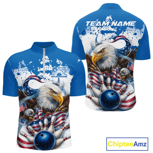 Custom Patriotic US Flag Eagle Bowling Men Shirt, USA Bowling Team League Shirt IPHW10164