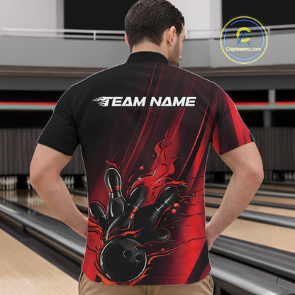 Custom Black And Red Gradient Flame Bowling Team Jerseys, Fire Bowling Shirt For Men IPHW10570