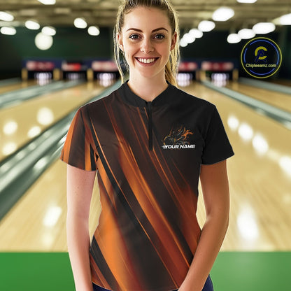 Custom Gold And Orange Gradient Flame Bowling Team Jerseys, Fire Bowling Shirt For Women IPHW10573