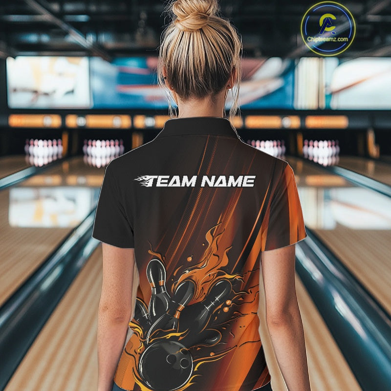 Custom Gold And Orange Gradient Flame Bowling Team Jerseys, Fire Bowling Shirt For Women IPHW10573