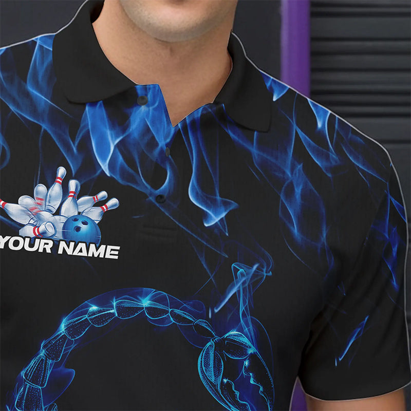 Custom Black And Blue Flame Scorpio Zodiac Bowling Men Polo Shirts, Scorpion Bowling Team IPHW8969