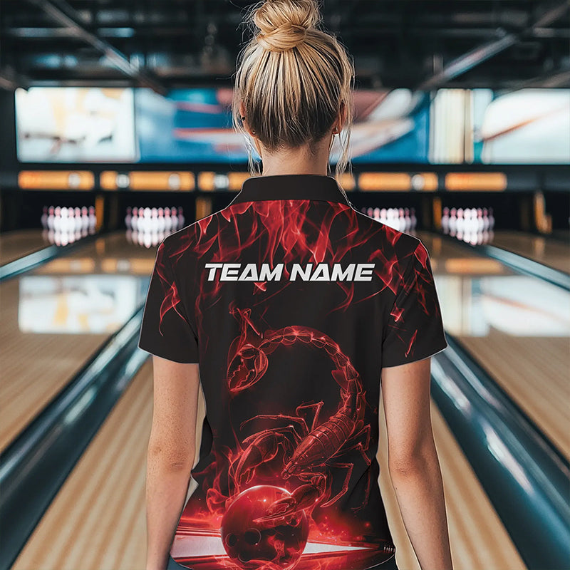 Custom Black Red Flame Scorpio Zodiac Bowling Women Polo Shirts, Scorpion Bowling Team IPHW8970