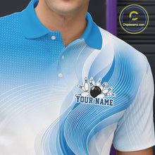 Load image into Gallery viewer, Detailed close-up of the left chest area on a white and blue bowling polo shirt with abstract wave artwork and bowling imagery