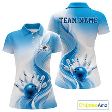 Load image into Gallery viewer, Front and back mockup of a womens white and blue bowling polo shirt with flowing wave artwork and bowling action imagery