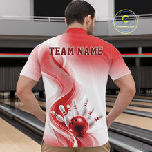 Load image into Gallery viewer, Male model wearing a white and red bowling quarter-zip shirt with sweeping wave artwork and a bowling ball knocking down pins