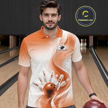 Load image into Gallery viewer, Front view of a male model wearing a white and orange bowling polo shirt with elegant wave patterns and a glossy bowling strike design
