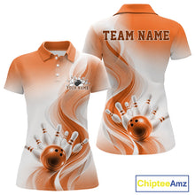 Load image into Gallery viewer, Front and back mockup of a womens white and orange bowling polo shirt featuring abstract wave motifs and bowling-themed details