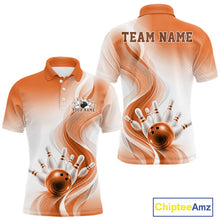 Load image into Gallery viewer, Mens white and orange bowling polo shirt mockup displayed from front and back with abstract wave graphics and a bowling strike illustration