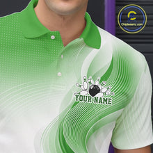Load image into Gallery viewer, Close-up of a white and green bowling polo shirt highlighting curved wave patterns and a glossy bowling ball illustration