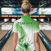 Load image into Gallery viewer, Back view of a female model wearing a white and green bowling quarter-zip shirt with fluid wave patterns and bowling-inspired imagery in a bowling alley