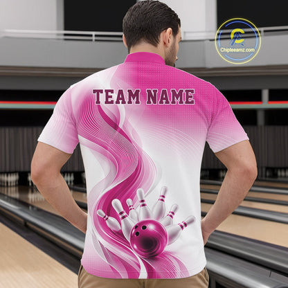 White and pink bowling quarter-zip worn by a male model, featuring elegant wave motifs and a glossy bowling strike illustration