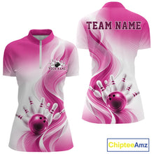 Load image into Gallery viewer, Front and back view of a womens white and pink bowling quarter-zip mockup with sweeping wave artwork and a bowling strike graphic