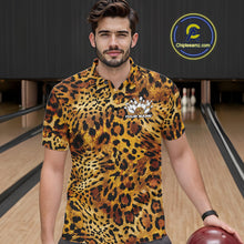 Load image into Gallery viewer, A man stands in a bowling alley wearing a yellow, brown, and black leopard-print bowling shirt with a bowling pin graphic and “Your Name” on the chest.