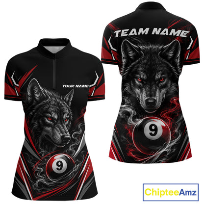 Custom Black And Red Smoke Flame 9 Ball And Wolf Billiards Women Quarter-Zip Shirt IPHW11676