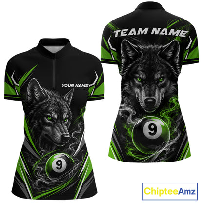 Custom Black And Green Smoke Flame 9 Ball And Wolf Billiards Women Quarter-Zip Shirt IPHW11678