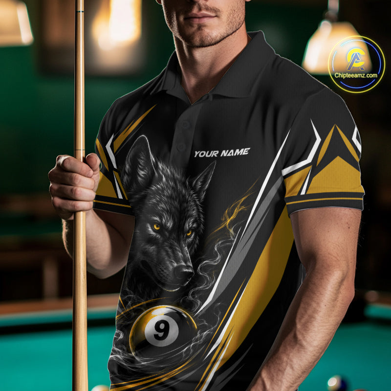 Custom Black And Yellow Smoke Flame 9 Ball And Wolf Billiards Men Polo Shirt, Pool Shirt IPHW11679