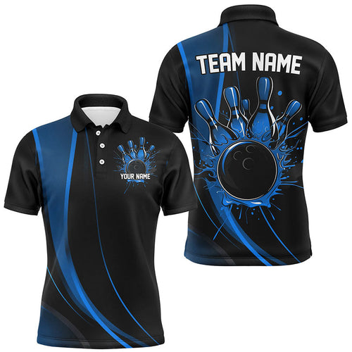 Custom Black And Blue Bowling Team Shirts For Men, Classic Bowling Uniform Bowling League Shirts IPHW7268
