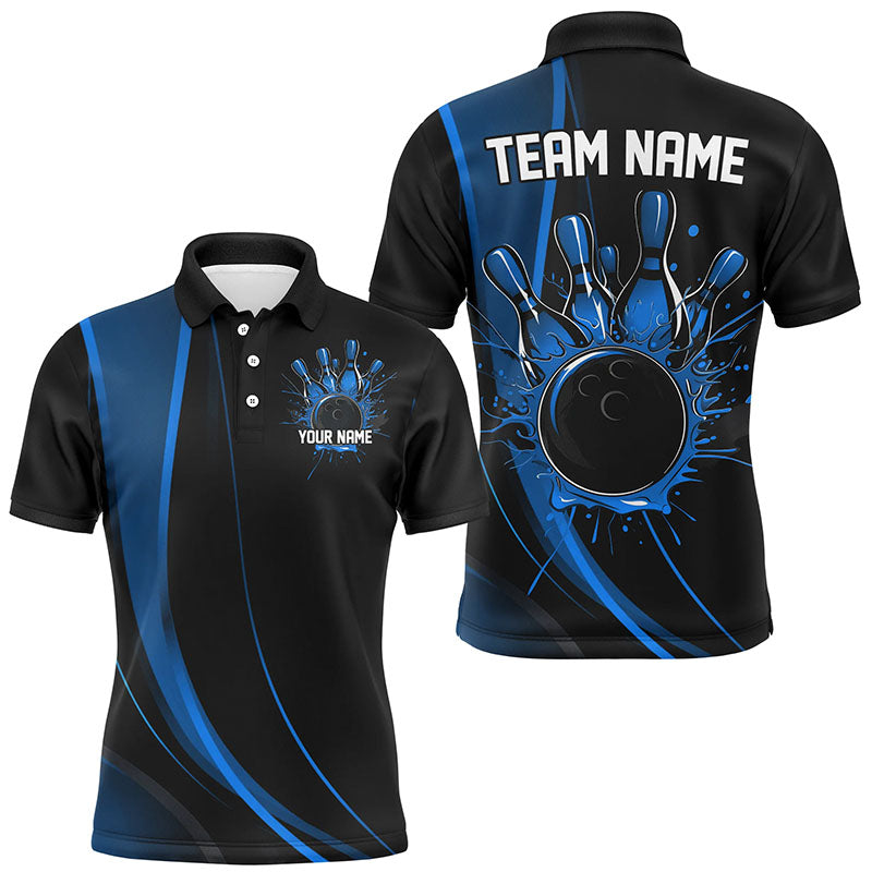 Custom Black And Blue Bowling Team Shirts For Men, Classic Bowling Uniform Bowling League Shirts IPHW7268